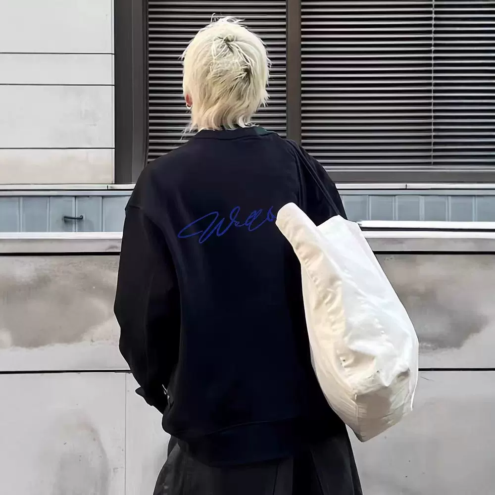 WE11DONETRACK潮牌WELLMIKI美式印花前后草写蓝标加绒圆领卫衣男