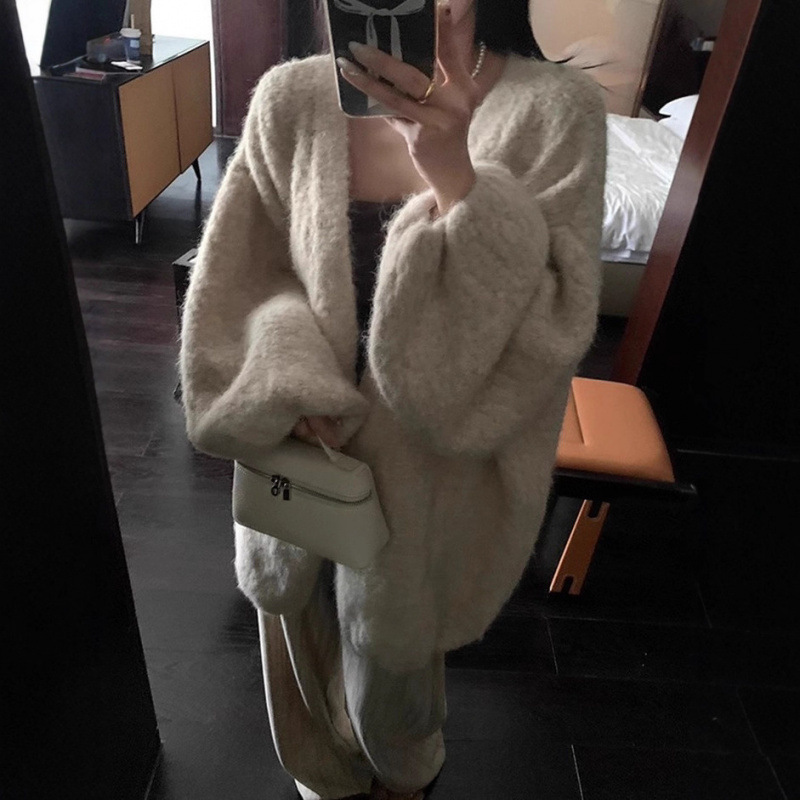 Ys Gentle Soft Waxy Lantern Sleeve Sweater Cardigan Autumn and Winter Loose Lazy Style High-End Wool Blended Knitted Jacket