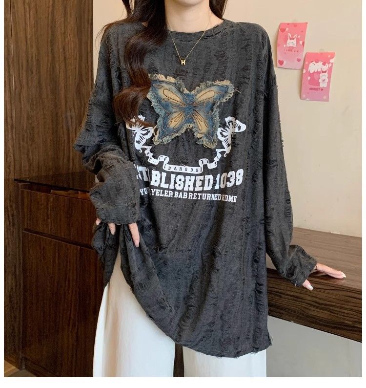 【自家工厂现货】蝴蝶长袖T恤女宽松慵懒废土风纯欲辣妹露肩上衣|undefined