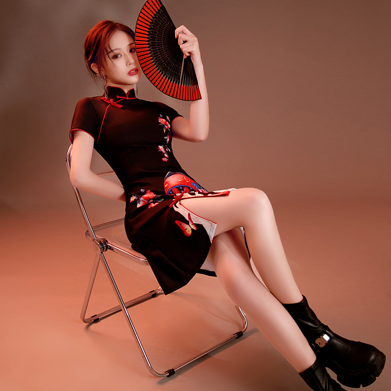 National Tide Cheongsam 2022 New Improved Summer Young Girl Black Daily Wear Short Dress National Tide Cheongsam 2022 New Improved Summer Young Girl Black Daily Wear Short Dress