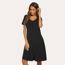 跨境现货2024夏季新款女装中长款连衣裙睡裙短袖性感排扣开衫睡衣