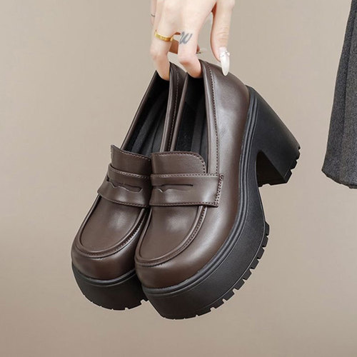 English-style retro small leather shoes for women, autumn and winter French thick sole high-heeled single shoes, easy-to-wear loafers