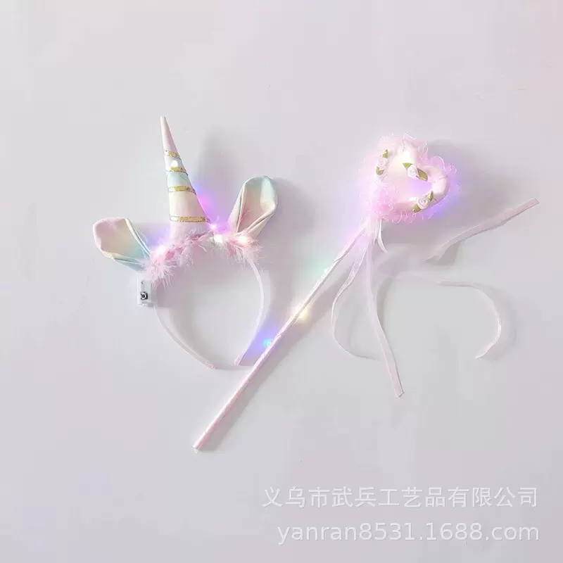 亚马逊独角兽发光发箍跨境毛毛花朵仙女棒发饰儿童生日派对装扮头