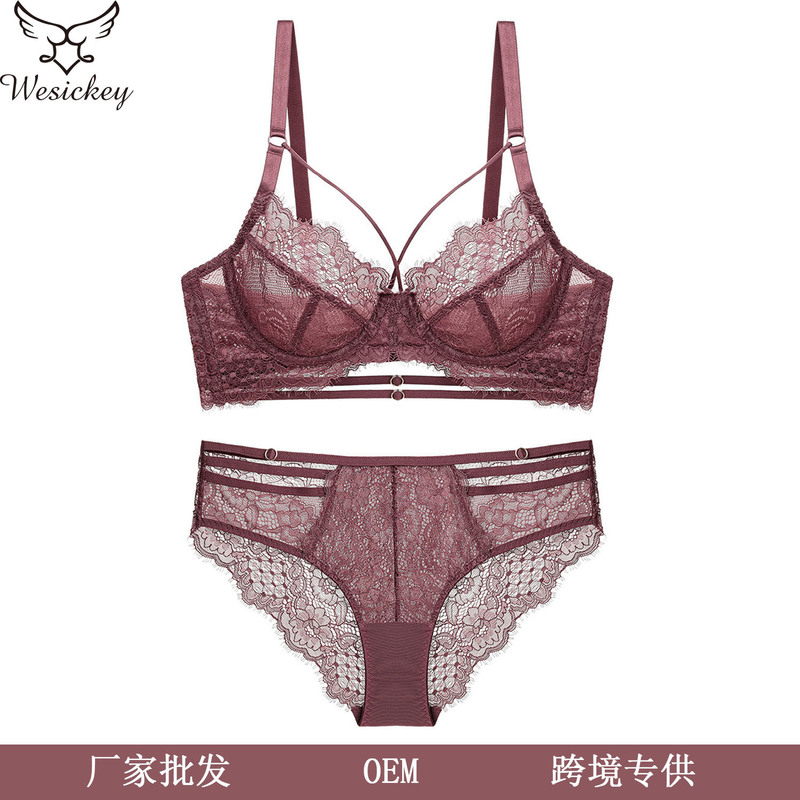 European and American Cross-Border Lace Underwear, Feminine Hollow Thin Straps, Waist-Revealing Breathable Briefs, Ultra-Thin Bra Set Wholesale
