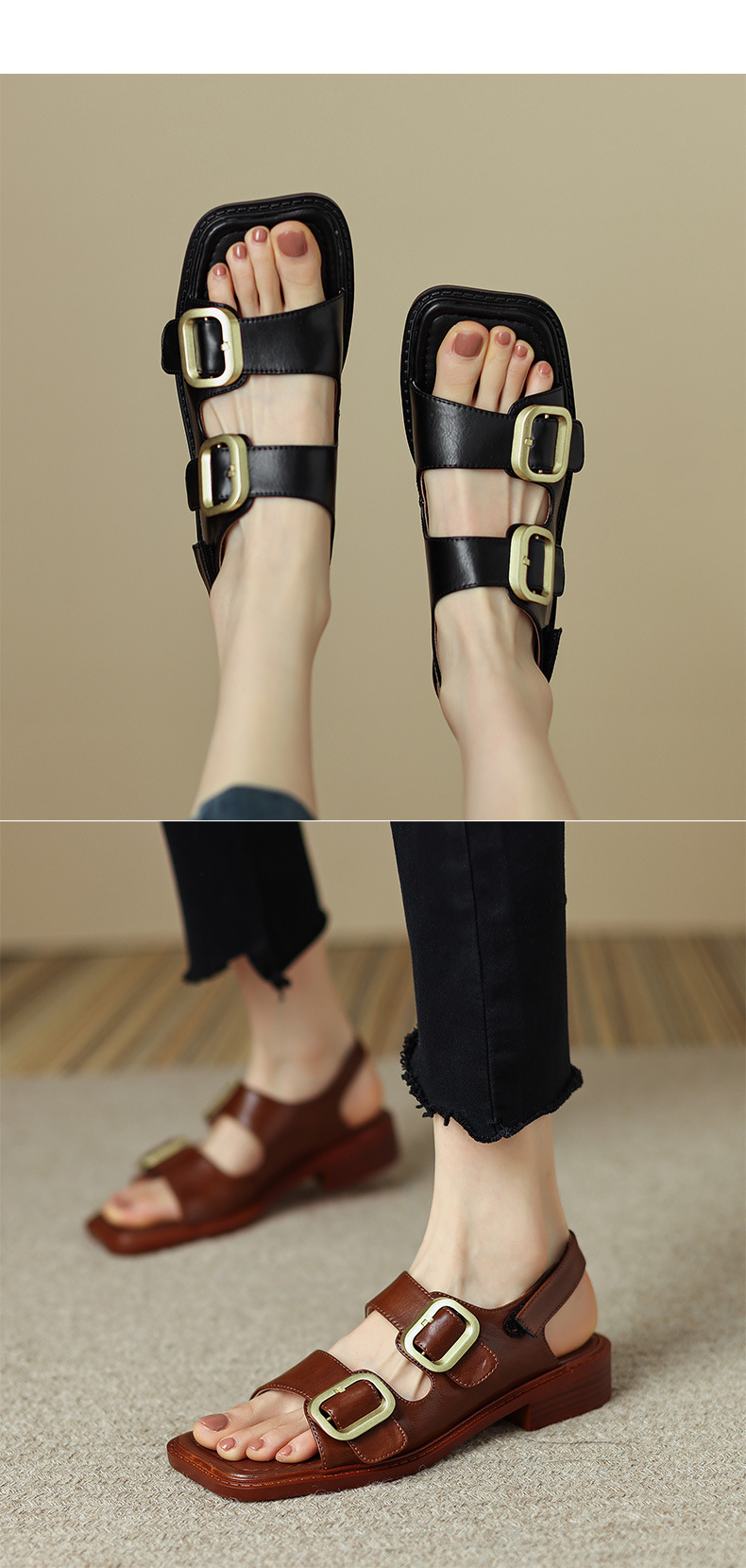 Sandal hở mũi nữ quai ngang đế thấp phong cách La Mã cổ điển, da bò màu nâu — Màu nâu chi tiết 14