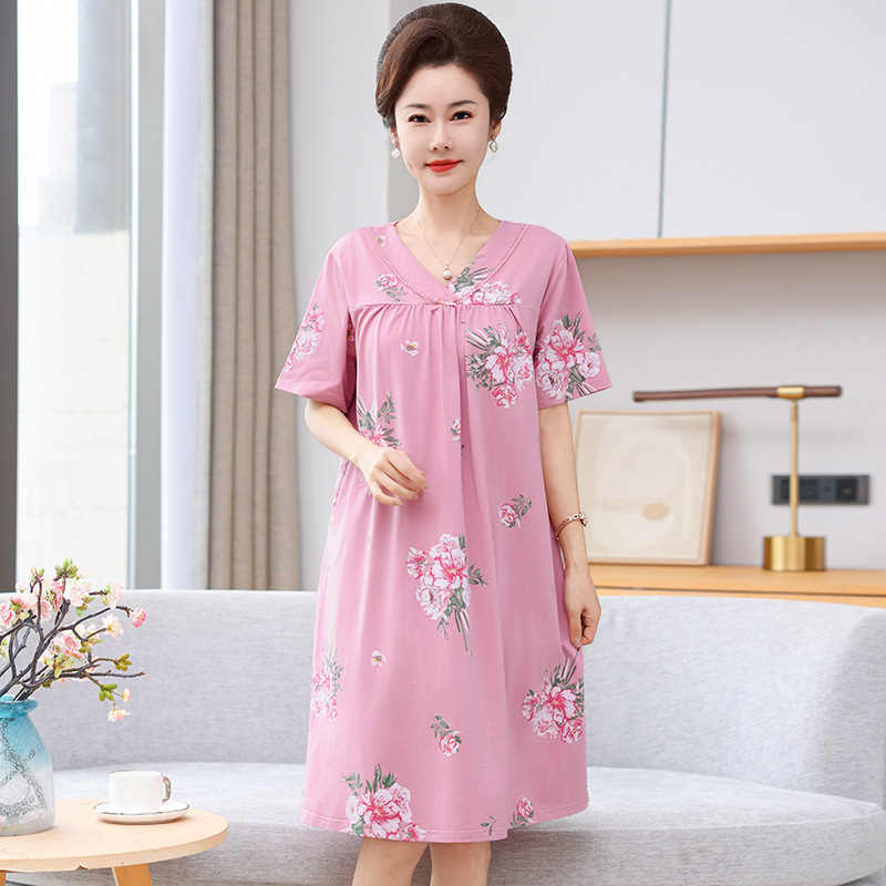 New Summer Modal Short-Sleeved Nightgown for Middle-Aged and Elderly Mothers, Medium-Length Dress, Extra Large Size, Loose, High-End Pajamas