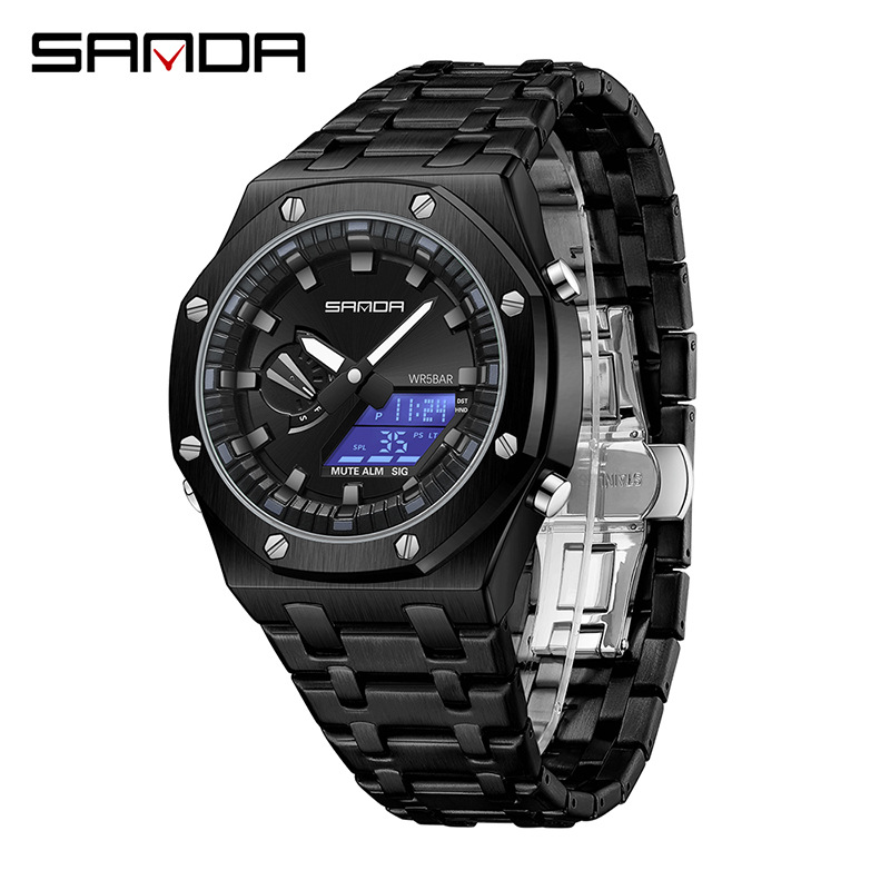 SANDA reloj electrónico popular correa de acero Luz de elevación manual reloj despertador multifuncional de moda para hombres frescos 3357
