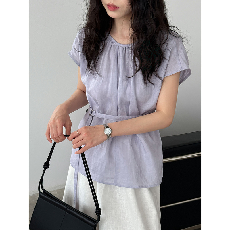 Luxi Tencel Linen Round Neck Waist-Cinching Blouse for Women, New Summer Style Sleeveless Vest with Belt, Short-Sleeved Shirt 9734