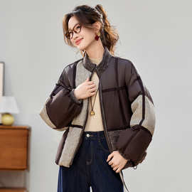 复古拼接撞色羽绒服女短款2025冬季新款小个子面包服加厚保暖外套