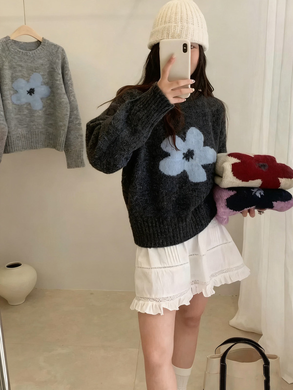 韩系花朵提花圆领毛衣套头女2025秋冬新款宽松设计感针织衫上衣潮|undefined