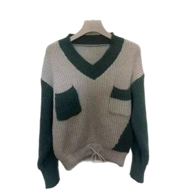 Cross-border empalmado V-collar suéter de caída de invierno nuevo suelto perezoso viento contra el color de la camisa de punto image 6