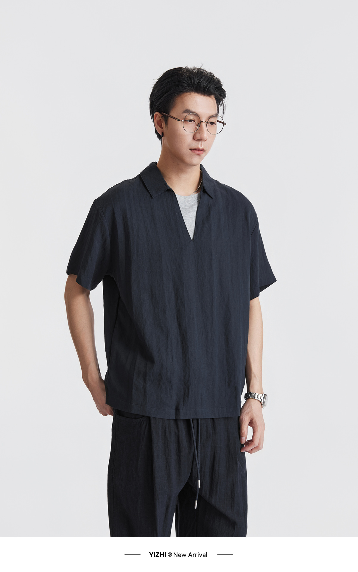 Áo sơ mi nam ngắn tay chất liệu Lyocell phối hai lớp cổ điển, phong cách old money — Xanh navy chi tiết 18