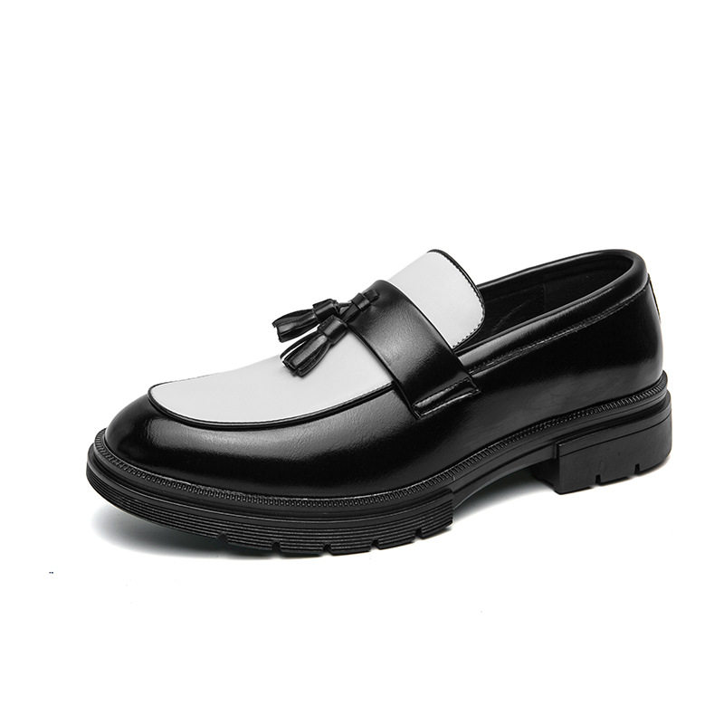 Giày lười nam da PU mũi nhọn phối màu tua rua kiểu Anh, gót thấp 1-3 cm — 2909 nâu xanh lam, 2909 đen trắng