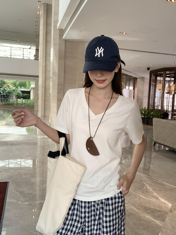 宋正恩V领白色慵懒感宽松短袖t恤女夏季新款正肩时尚百搭体恤上衣|undefined