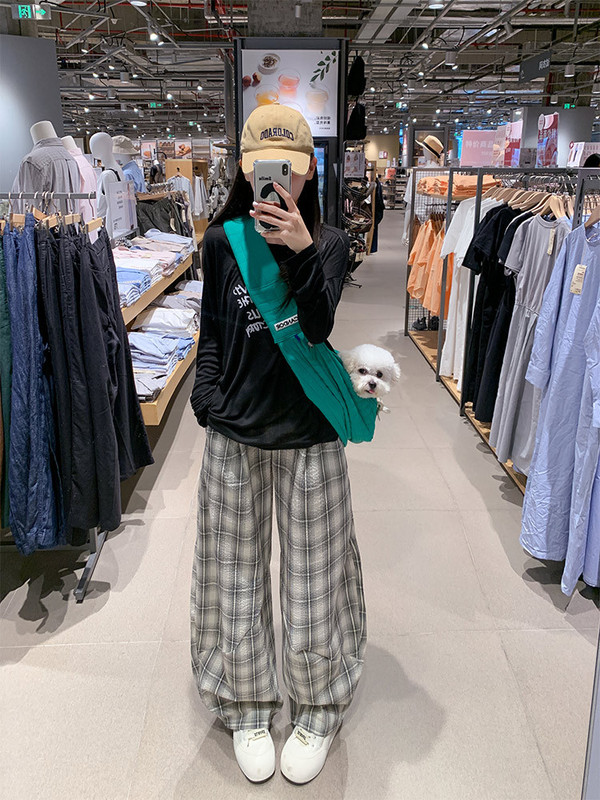 黑色拼接格子弯刀裤女春秋夏2025新款小众高腰宽松显瘦休闲阔腿裤|undefined