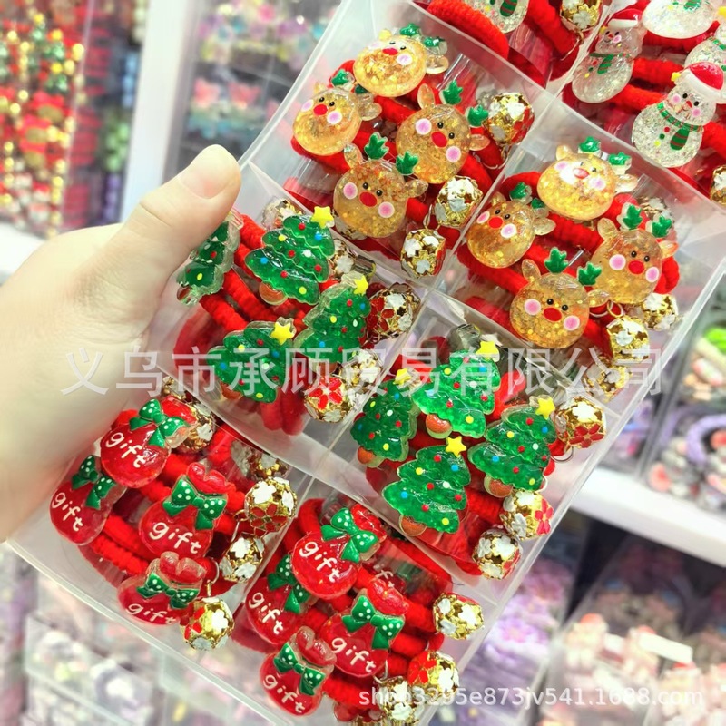爆款珠光闪闪圣诞老人麋鹿蝴蝶结小雪人镂空铃铛挂珠红色发圈头绳|undefined