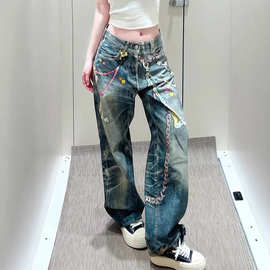 自有工厂高版AC糖果链条美式拖地百搭阔腿牛仔长裤高腰宽松牛仔裤