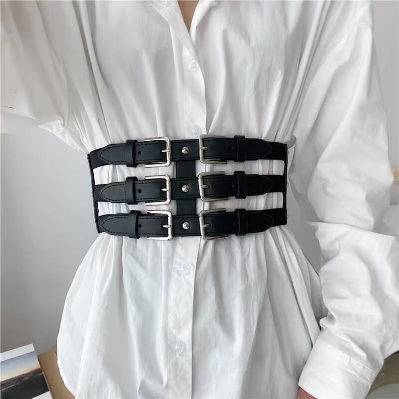 New Waistband with Waistband and Three Row Needle Buckle Ins Punk Women's Fashion Matching Dress Shirt Elastic Wide Waistband_voghion.com