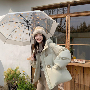 2024 Winter Three-Proof White Duck down Icelandic Cube Buckle Hooded Short down Jacket for Women, Trendy and Versatile