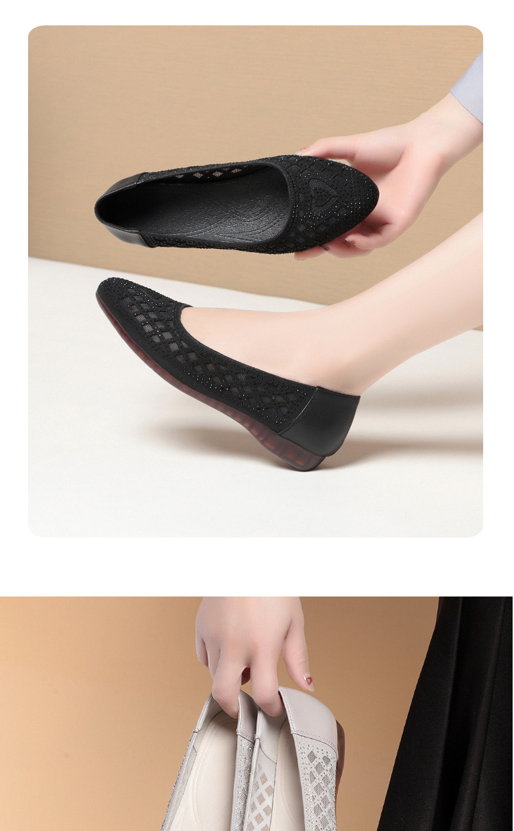 Sandal nữ da thật mũi tròn đính đá đế bệt thoáng khí — Màu be chi tiết 12