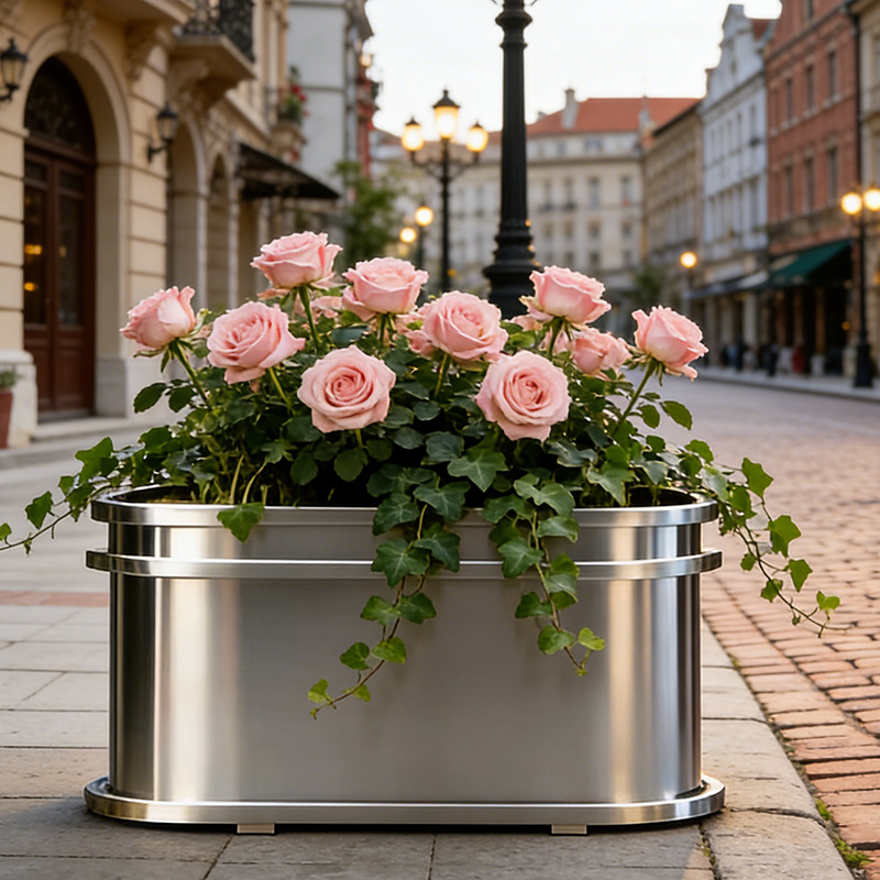 Caja de flores de acero inoxidable forjado al aire libre, sala de ventas, caja de flores de calle comercial, caja de flores de metal terminada, cerca de caja de flores