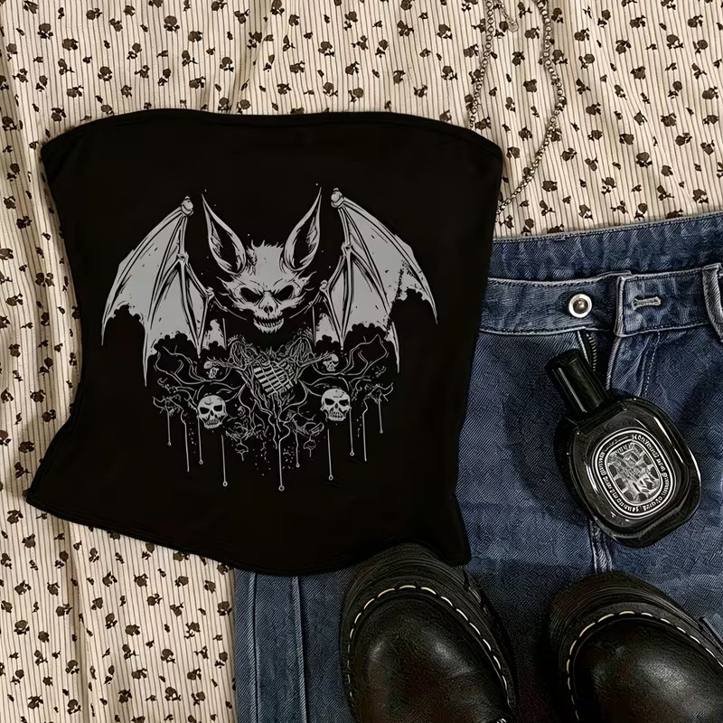 Gothic Style Bat Skull Print Tube Top Y2K Dark Slim Fit Short Strapless Crop Top Cross-Border Women's Clothing