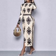 跨境外贸2025欧美女装亚马逊秋冬新款气质优雅塑身印花长袖连衣裙