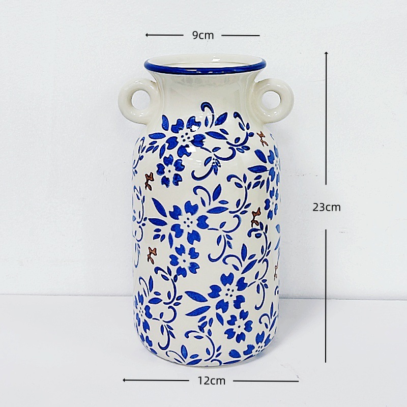 高級感のある新中式レトロな青花磁器、氷割れ模様の緑の花柄花瓶、フラワーアレンジメント、リビングルーム、玄関の装飾品