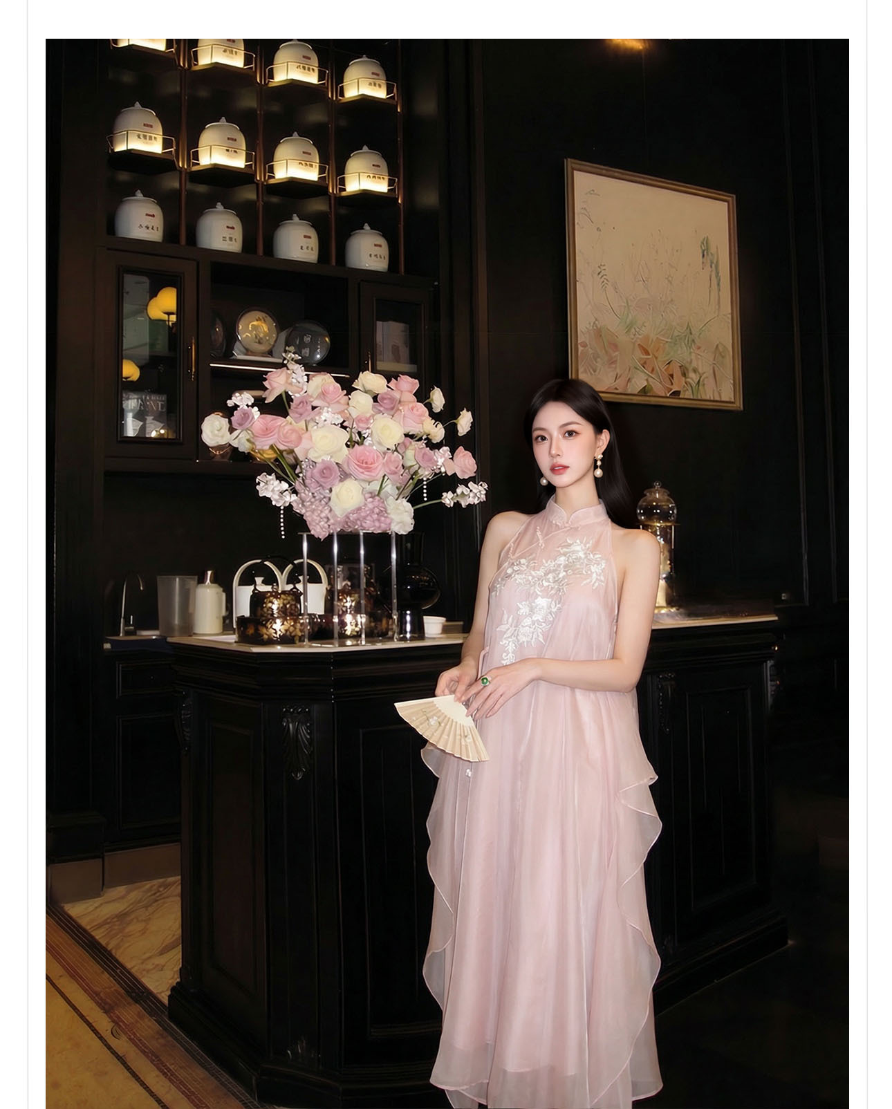 Đầm maxi thêu hoa phong cách Trung Hoa cổ điển, chất vải mỏng nhẹ mùa hè, tay lỡ, thắt eo — hồng chi tiết 12