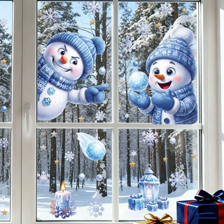 BRUP冬日打雪仗雪人静电窗贴蓝针织帽围巾小雪人家居橱窗装饰贴纸