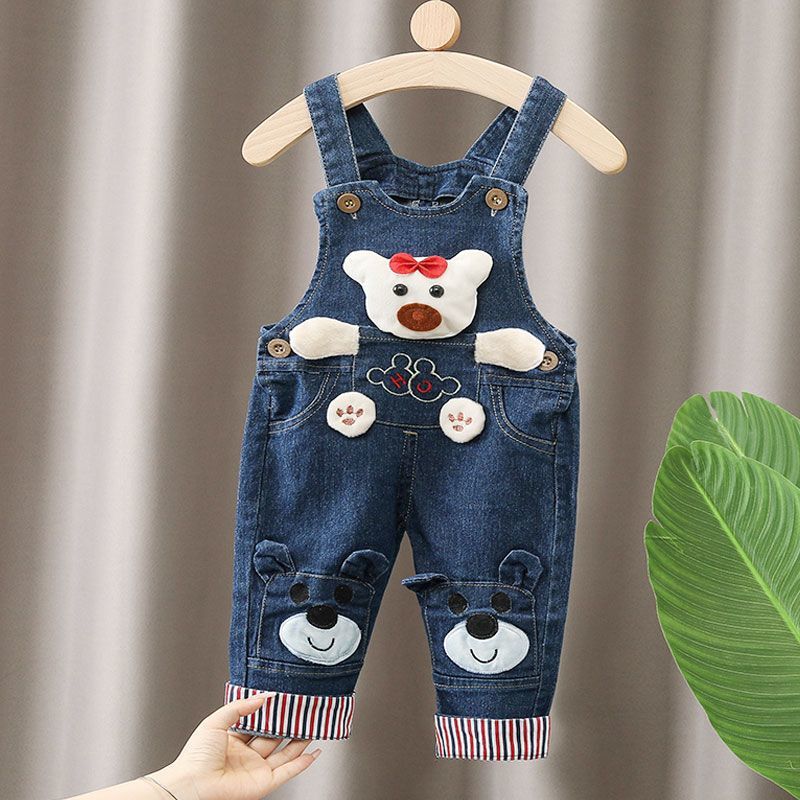 Baby's Denim Buckle Pants Children's Shoulder Buckle Pants Boys and Girls Casual Trousers Infant Vat Trousers