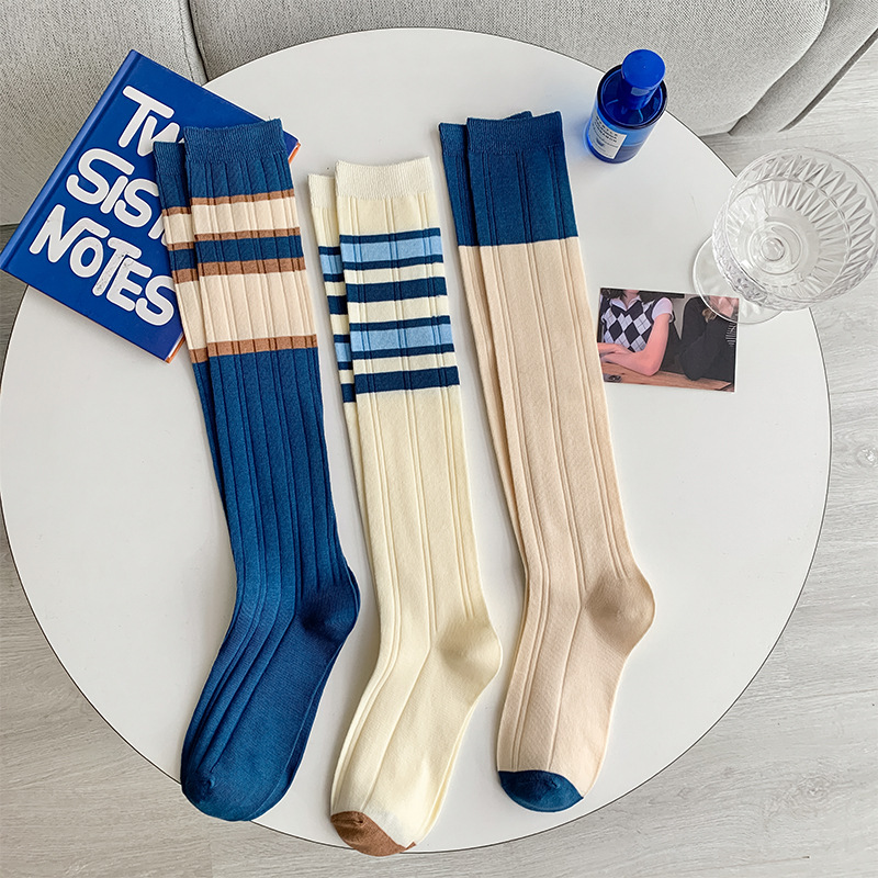 條紋小腿襪女日系學院風顯瘦百搭ins春秋藍白拼色時尚小腿及膝襪