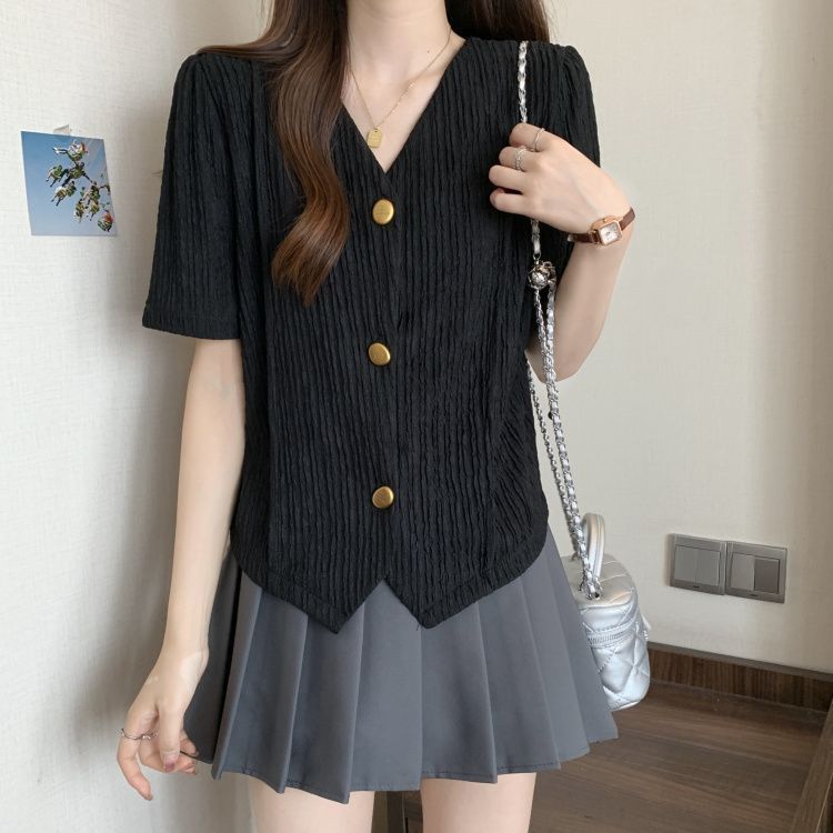 Diseño retro francés sentido irregular camiseta de manga corta verano para mujer nuevo estilo suelto y delgado top de moda de talla grande