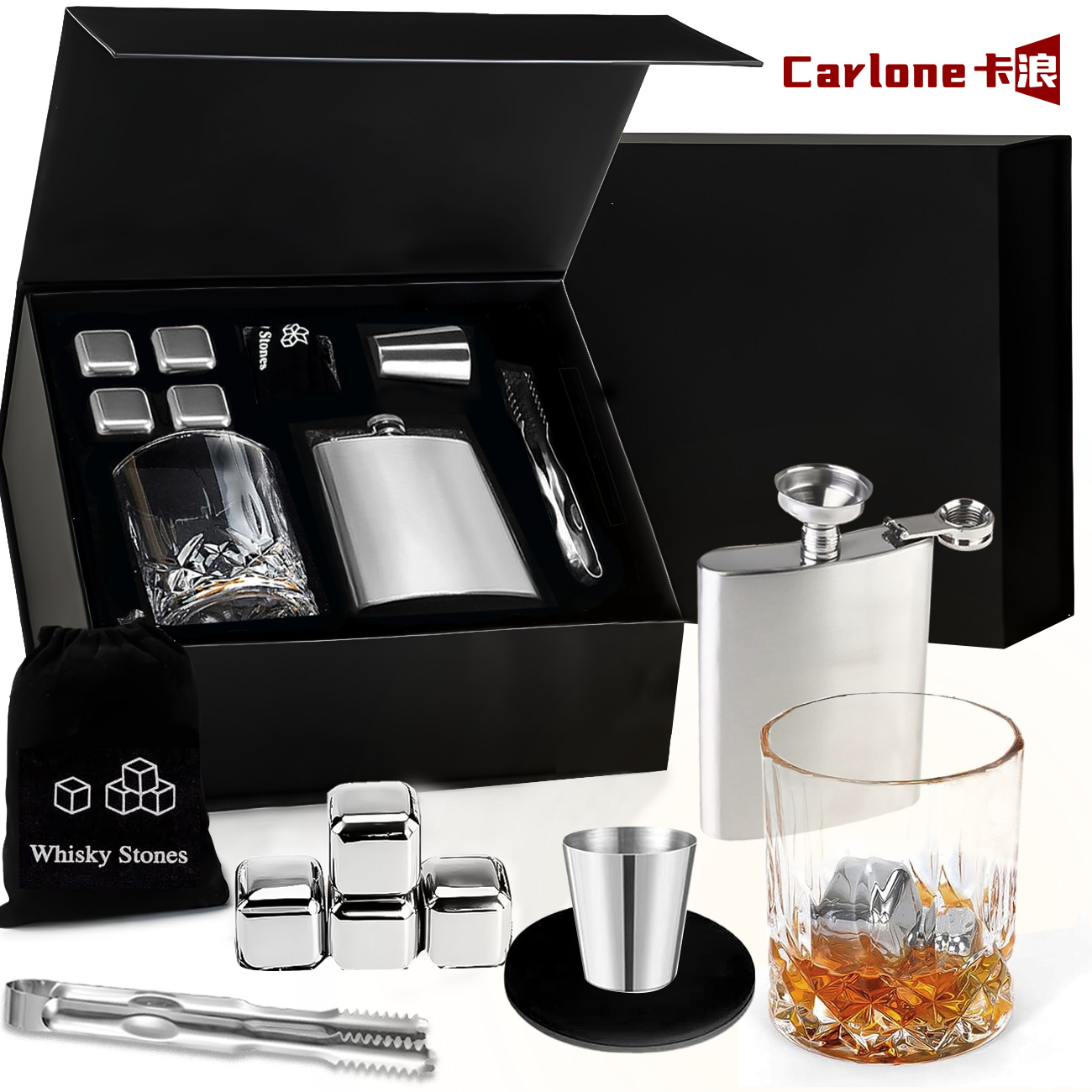 Stainless steel whiskey flask, ice stone set, carved glass cup, ice stone clip, measuring cup, gift box, business gift