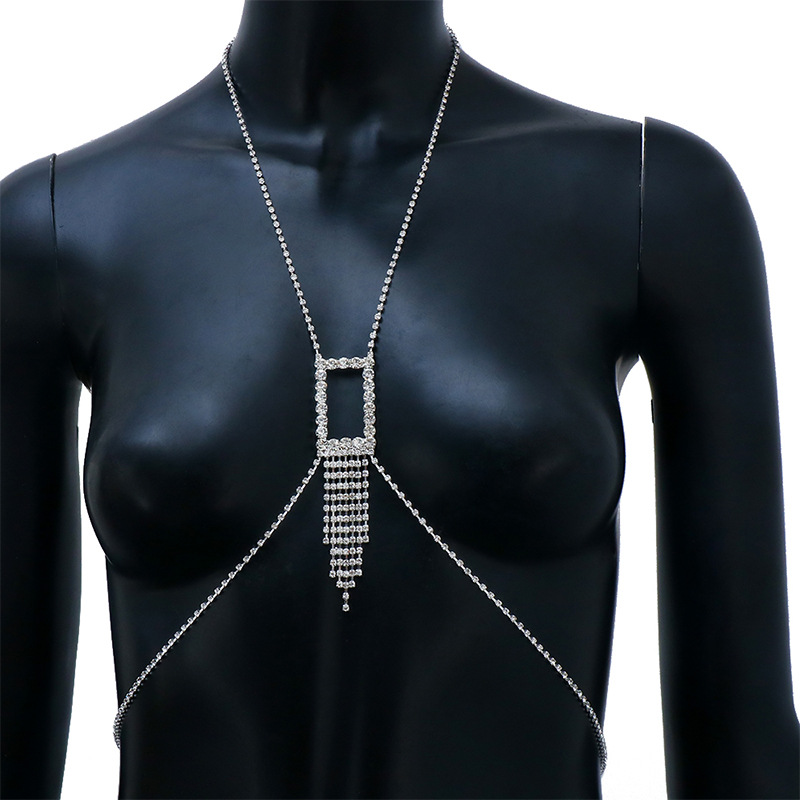 Nueva joyería transfronteriza rhinestone cuadrado borla corta cadena del pecho moda sexy cadena del cuerpo femenino