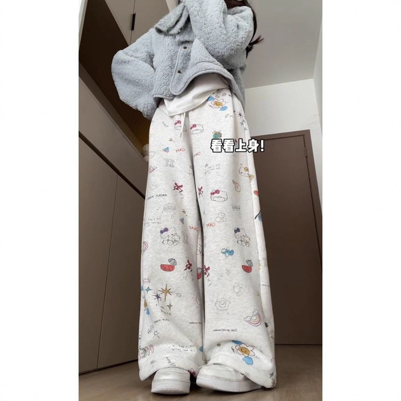 Japanese-Style New Hello Kitty Print Cute Sweet Loose Sweatpants Autumn and Winter Fleece Warm Lazy Wide-Leg Long Pants