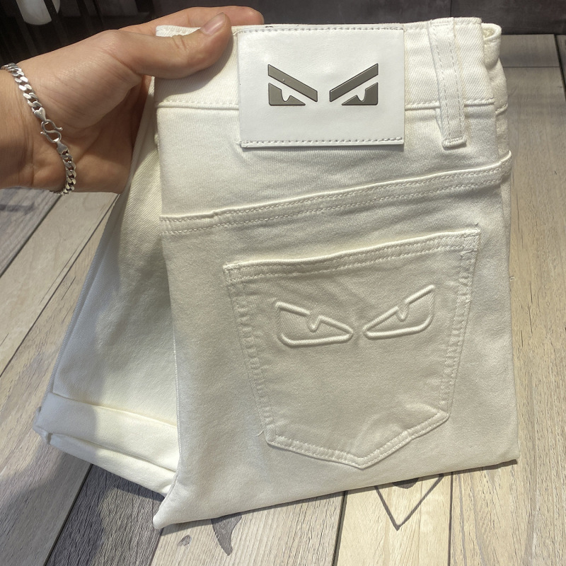 European Station White Jeans Men's Slim-fit Embroidered High-grade Design Sense Elastic Small Feet Embroidered High-grade White Long Pants European Station White Jeans Men's Slim-fit Embroidered High-grade Design Sense Elastic Small Feet Embroidered High-grade White Long Pants