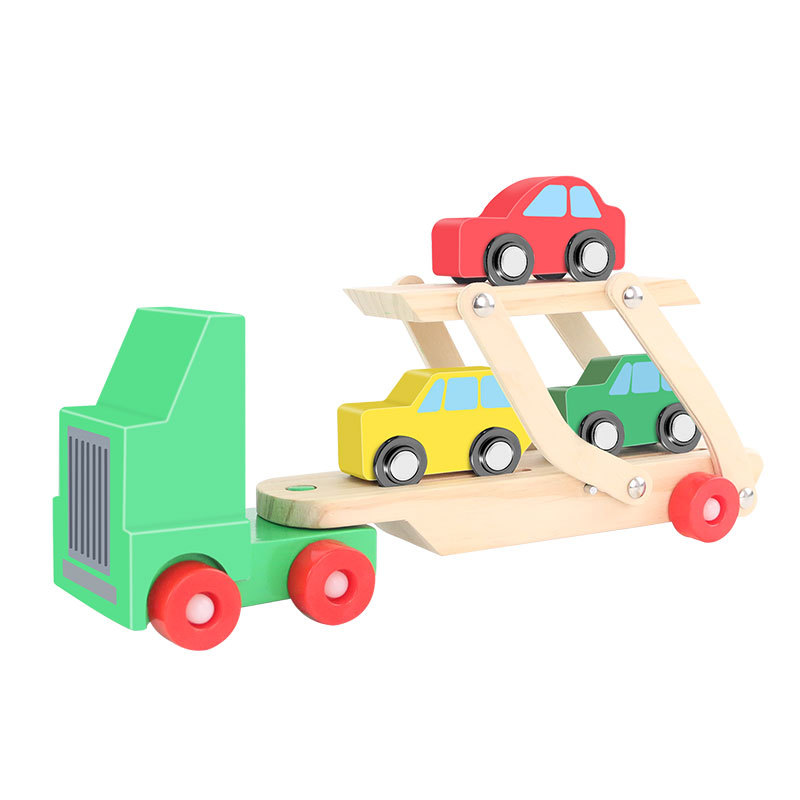 Juguetes de transporte de madera modelo de madera modelo de automóvil de bloque de construcción modelo de automóvil de transporte de carga de doble capa