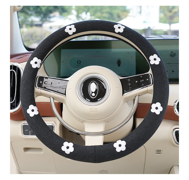 Blue Rain Cotton and Linen Car Steering Wheel Cover, Simple Embroidered Car Handle Cover, Non-Slip, Universal for All Seasons, Steering Wheel Protective Cover