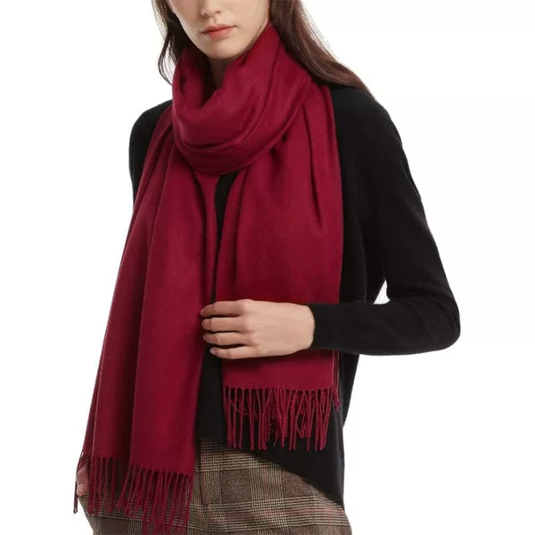 Ankla Red Scarf, Autumn and Winter Thickened Korean Style Versatile Faux Cashmere Scarf, Solid Color Warm Tassel Shawl for Annual Meetings