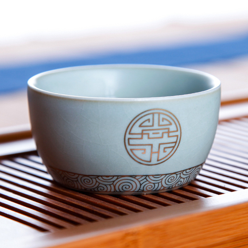 汝瓷品茗杯功夫茶具描金茶杯开片仿宋汝窑浮雕单杯办公室主人杯