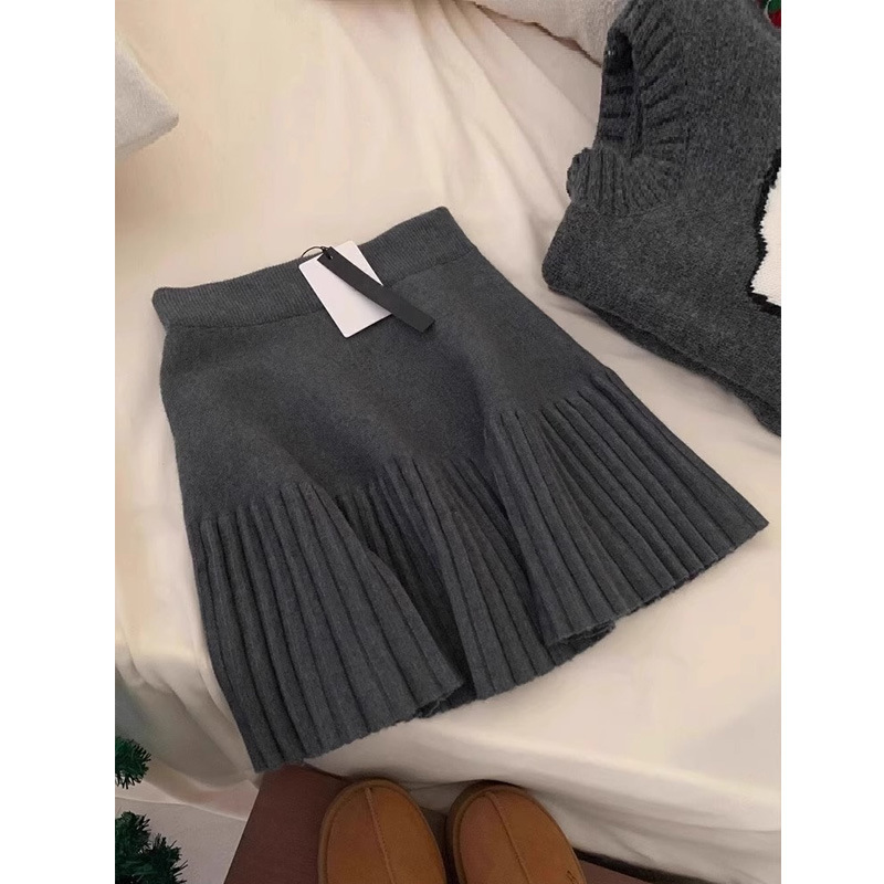 High-End Elastic Waist A-Line Pleated Skirt for Women 2025 Autumn and Winter New High-Waist Slim Knitted A-Line Skirt