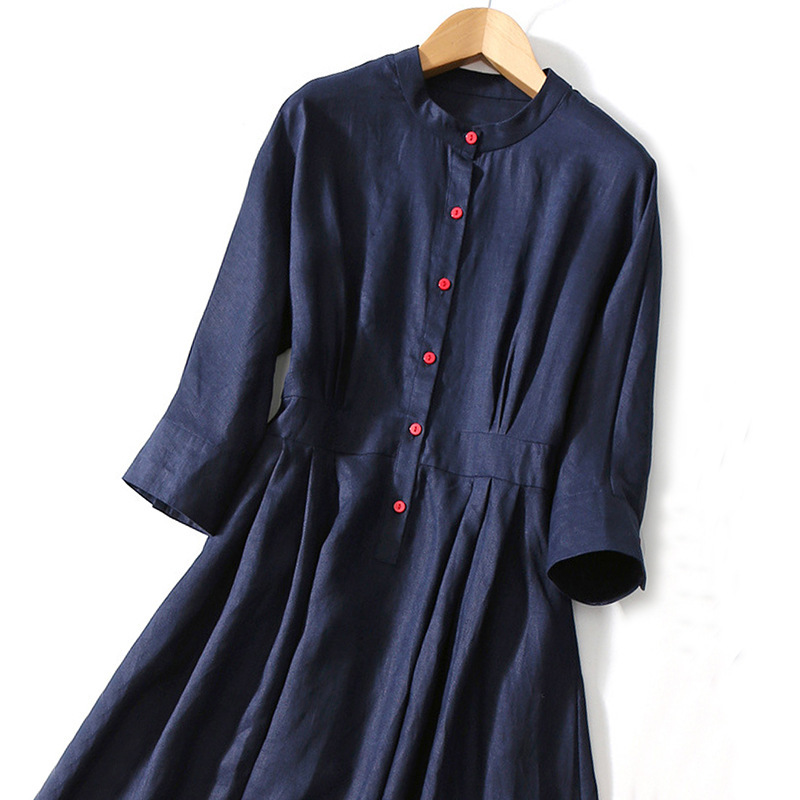 Linen 	 Shirt Dress for a Youthful Look, 2026 Summer New Women's Fashion, Artistic Style Shirt Dress with Mid-Sleeves and Mid-Length Skirt.