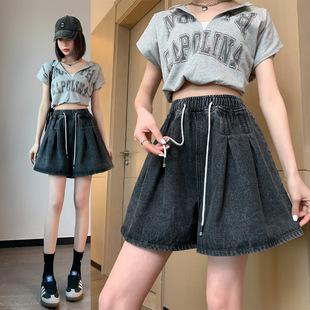 Real shot simple loose high waist denim shorts women's 2023 Summer large size fat sister women's clothing 230kg