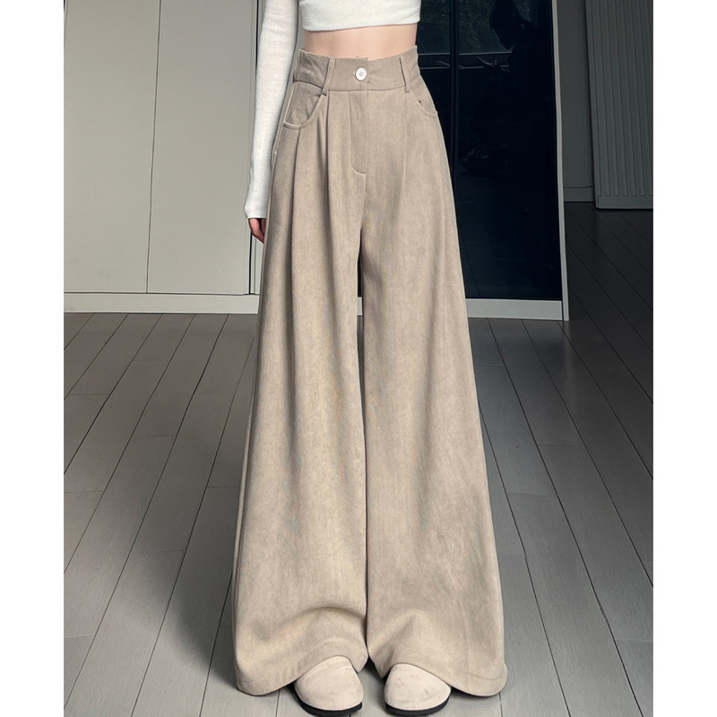 Tea Gray Corduroy Suit Pants for Women Autumn and Winter 2025 New High-Waist Slimming Look Draped Fleece-Lined Thickeneded Wide-Leg Pants Tea Gray Corduroy Suit Pants for Women Autumn and Winter 2025 New High-Waist Slimming Look Draped Fleece-Lined Thickeneded Wide-Leg Pants