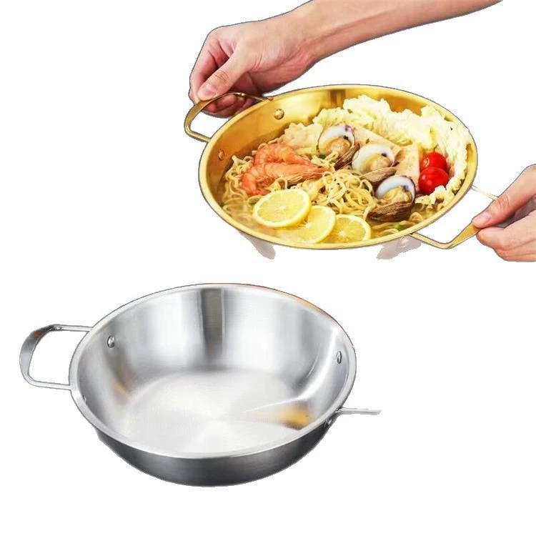 Нержавеющая сталь морепродукты сухой горшок для домашней кухни, рамен-пот, двойной ух, маленький горячий горшок, горшок для супа, золотистый плоский рамен-пот, оптом