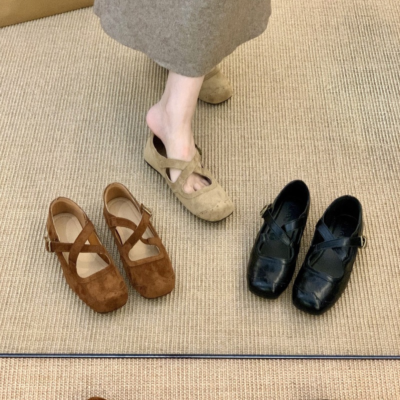 复古绒面交叉带芭蕾单鞋女2025春秋新款芭蕾配裙子晚晚风玛丽珍鞋|undefined