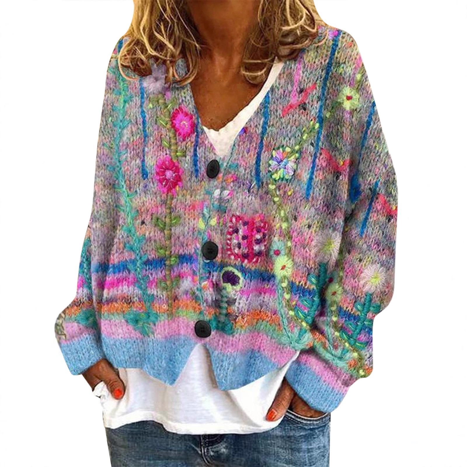Ynn-Vk01-V-Neck Cardigan with 3 Buttons and Printed Sweater, New Model That Is a Hot Seller on Amazon for Foreign Trade