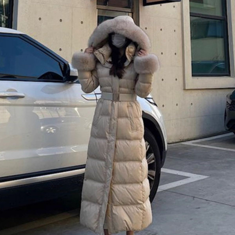 大毛领连帽羽绒棉服女冬季新款袖口毛毛设计加厚保暖长款外套