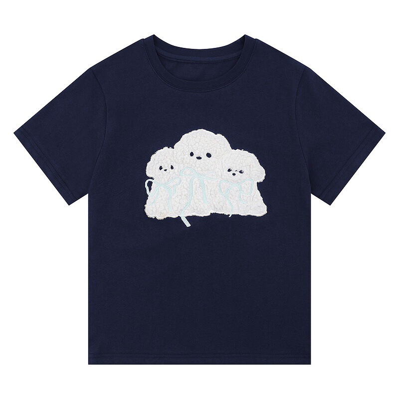 Qilin Men's 2025Ins Cute Cartoon Puppy Embroidery White T-Shirt Women's Summer 2025 New Good-Looking Short Sleeves